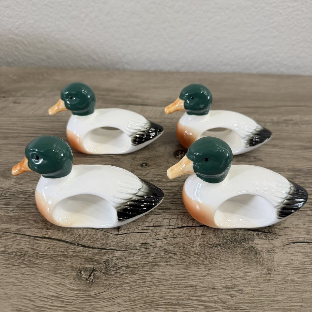 Set Of 4 Mallard Duck Napkin Rings Porcelain Dining Decor Vintage Hunting - Picture 2 of 12